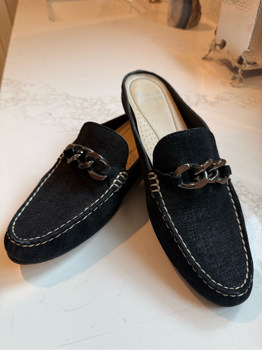 Donald J. Pliner Black Suede Chain-Accent Mules